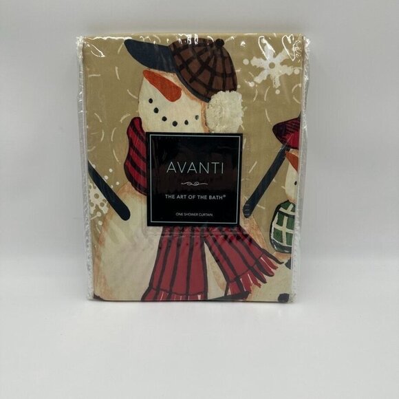 Avanti Snowmen Gathering 72x72" Fabric Shower Curtain Christmas Trees Beige New - Picture 1 of 7